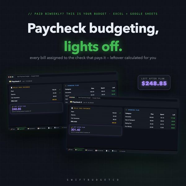 Budget by Paycheck Spreadsheet Dark Mode | Biweekly & Weekly Bill Tracker Payche