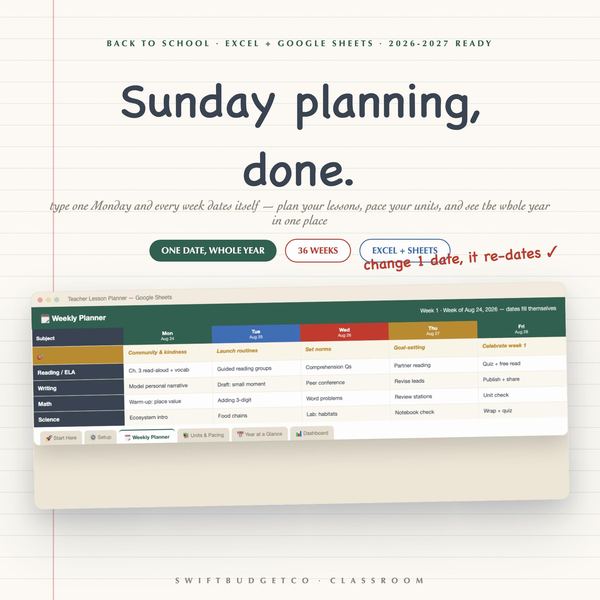 Teacher Lesson Planner 2026-2027 | Auto-Dating Google Sheets Excel (Digital Down