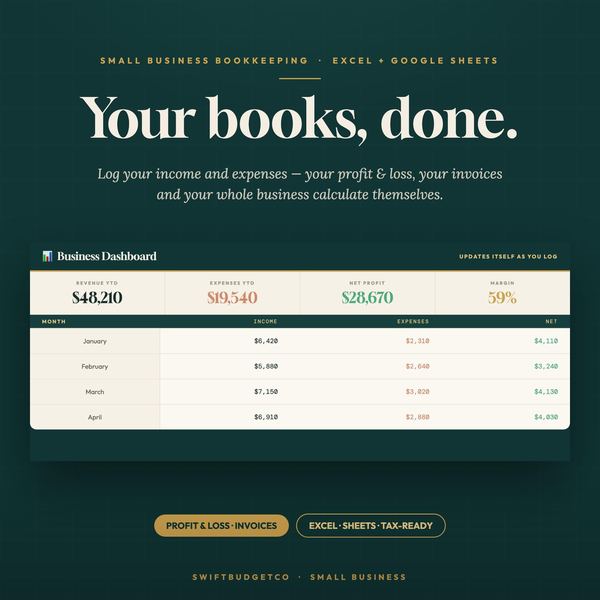 Small Business Bookkeeping Spreadsheet | Self Employed Income Expense Tracker | 