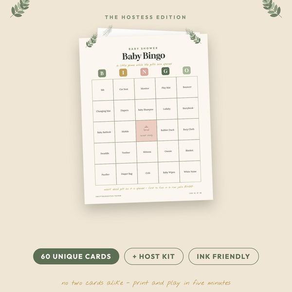 Baby Shower Bingo Game: 60 Unique Cards, Host Kit (Sage Neutral) (Digital Downlo