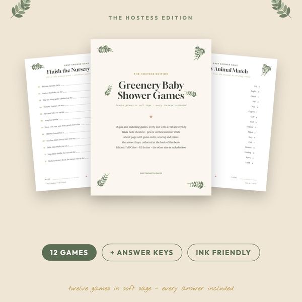 Greenery Baby Shower Games | 12 Sage Eucalyptus Printable Games with Answer Keys