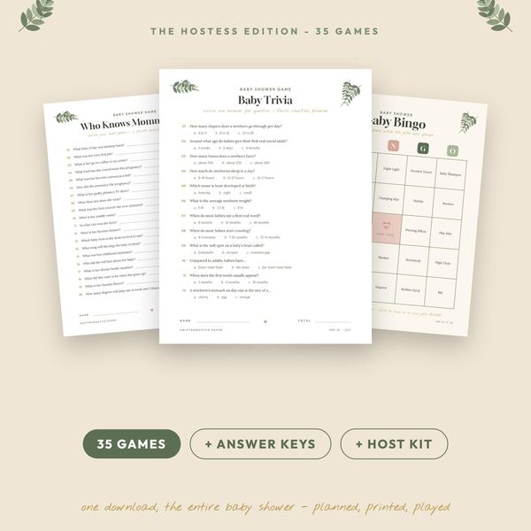 Sage Greenery Baby Shower Games Bundle | 35 Printable PDF Games, Answer Keys & H