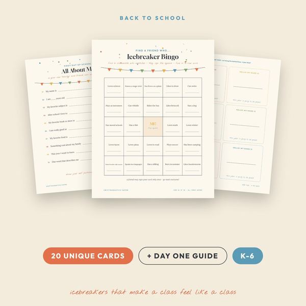 Back to School Icebreaker Bingo: 20 Unique Cards, All About Me, Name Tags (PDF)