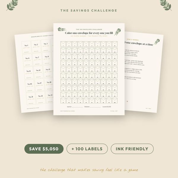 100 Envelope Challenge Printable with Labels | Cash Stuffing Savings Tracker Cha
