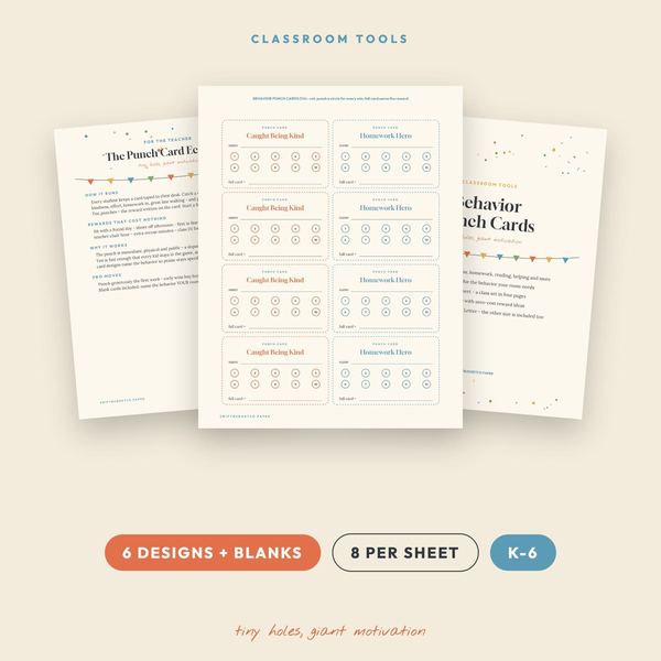 Behavior Punch Cards Printable: 6 Designs, K-6 Incentive System (PDF Letter A4)