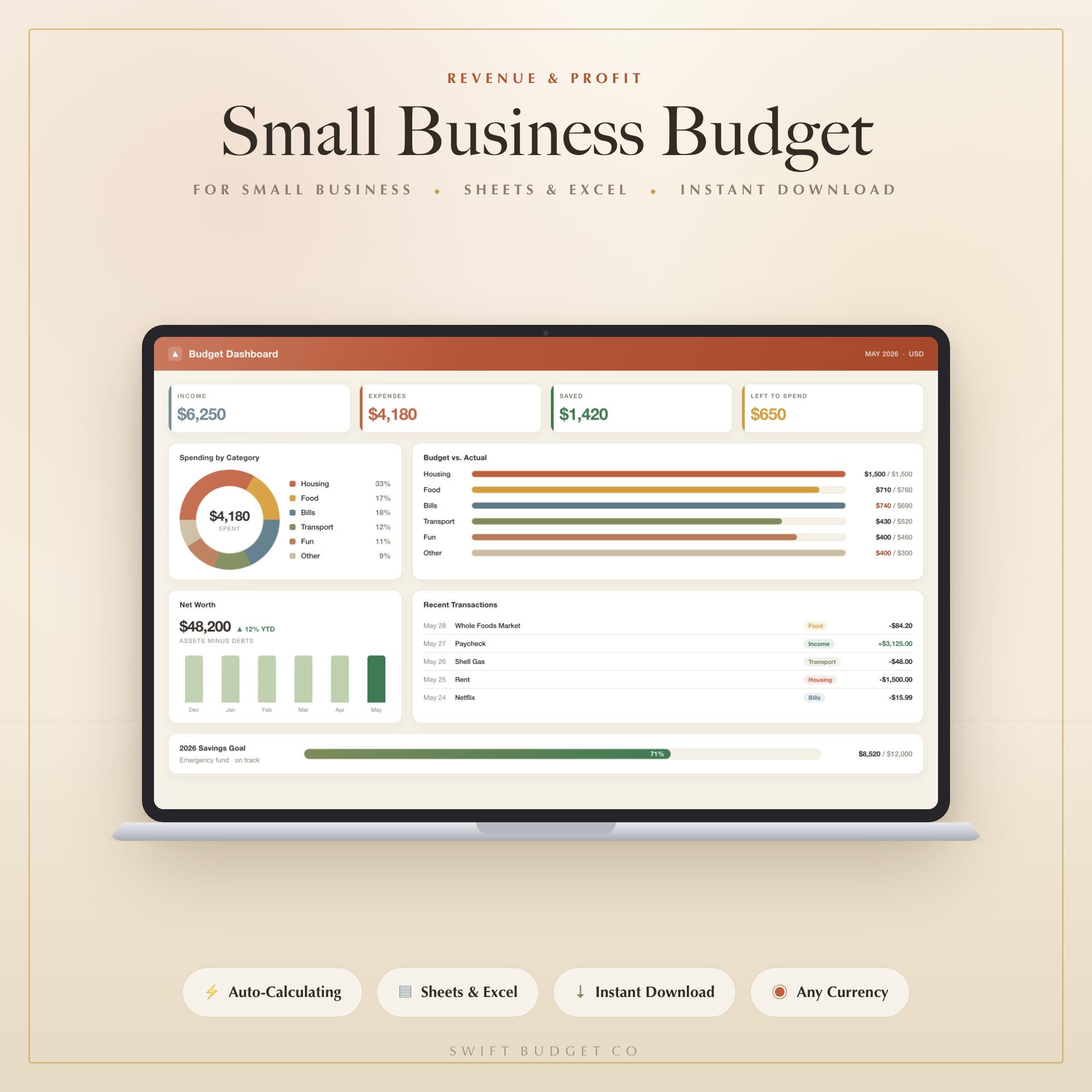 Small Business Budget Spreadsheet | LLC Self Employed Profit Loss Tracker | Income Expense