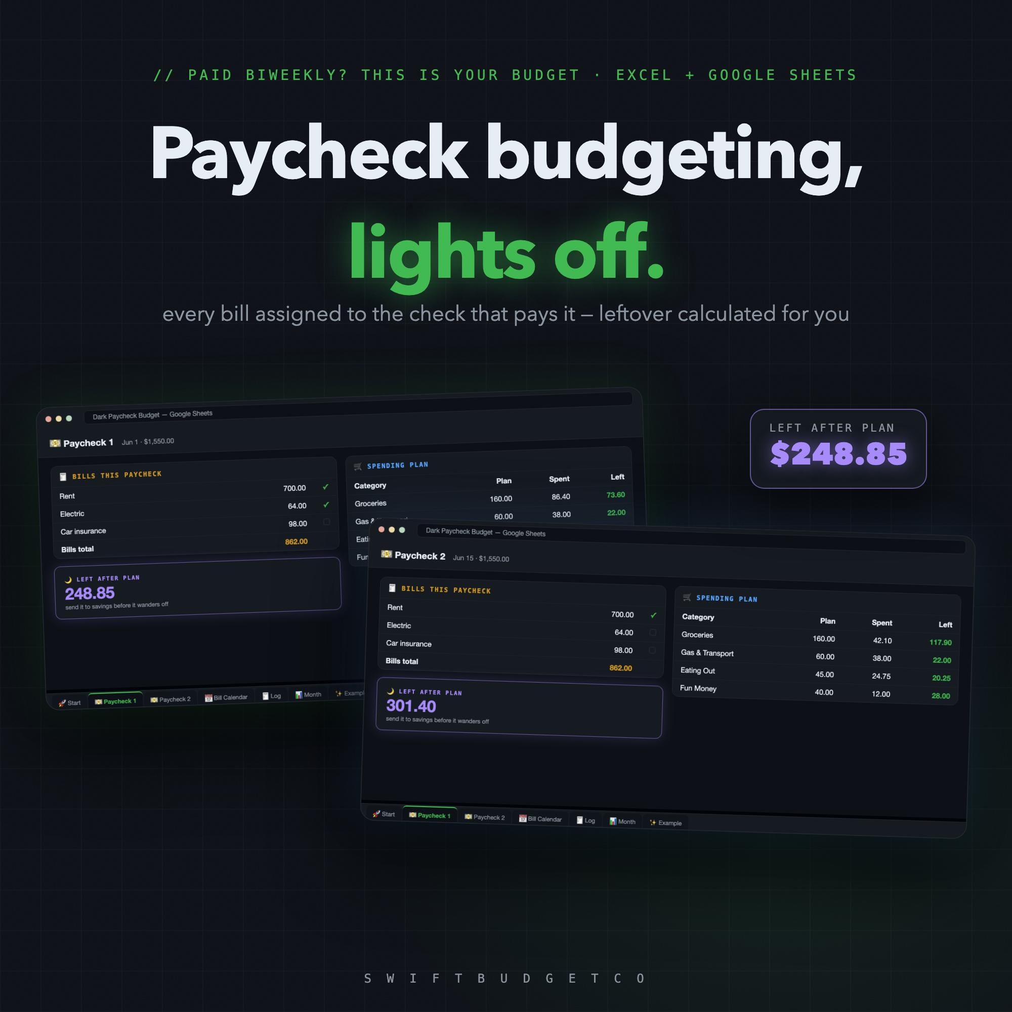 Budget by Paycheck Spreadsheet Dark Mode | Biweekly & Weekly Bill Tracker Paycheck Planner