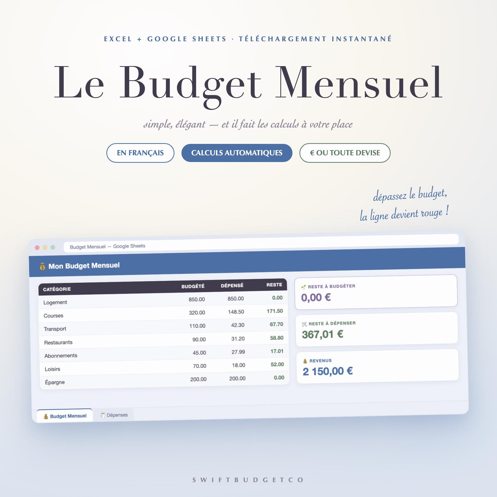 Budget Mensuel Français | French Monthly Budget Spreadsheet for Google Sheets & Excel | Ta