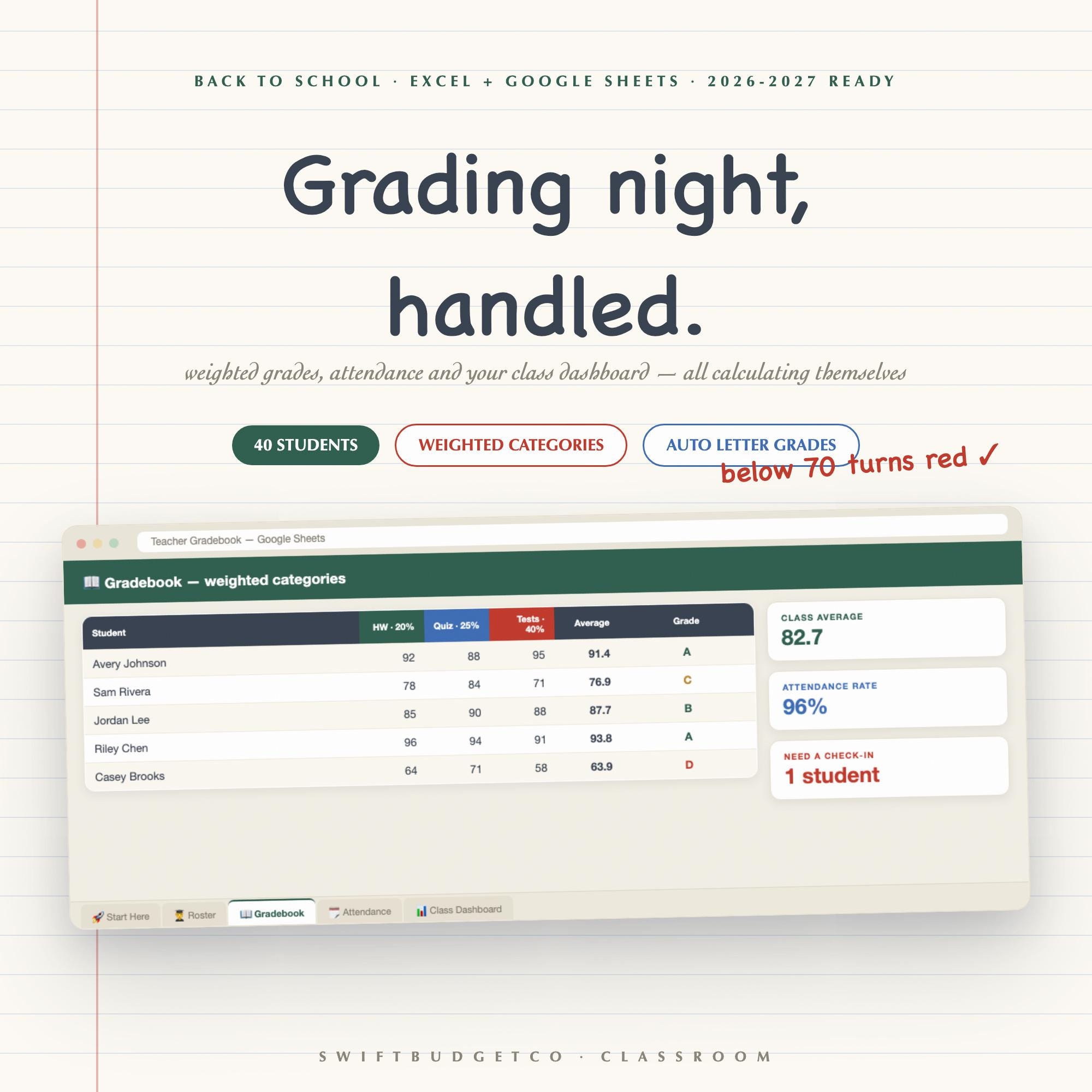 Teacher Gradebook 2026-2027 | Weighted Excel Google Sheets (Digital Download)