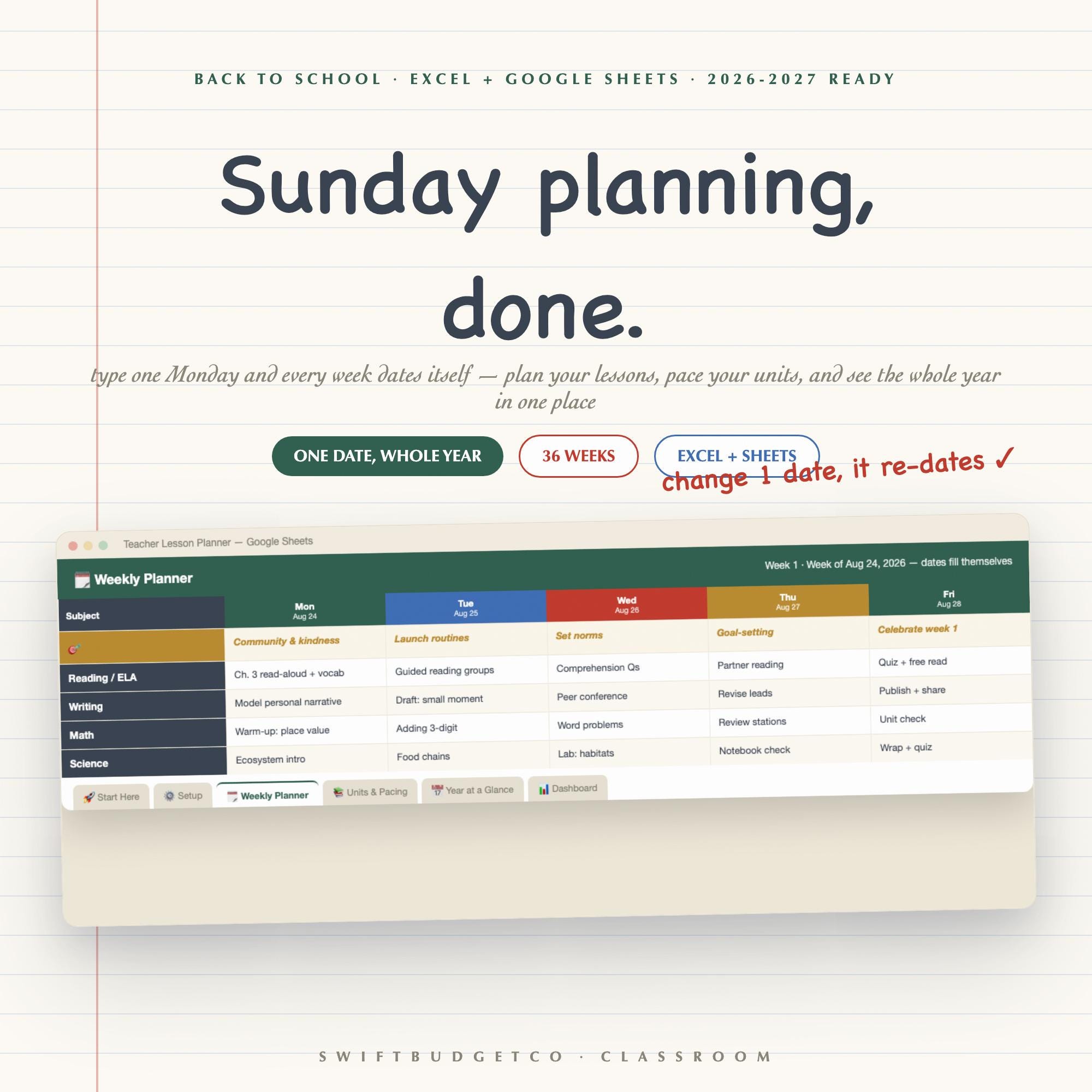 Teacher Lesson Planner 2026-2027 | Auto-Dating Google Sheets Excel (Digital Download)
