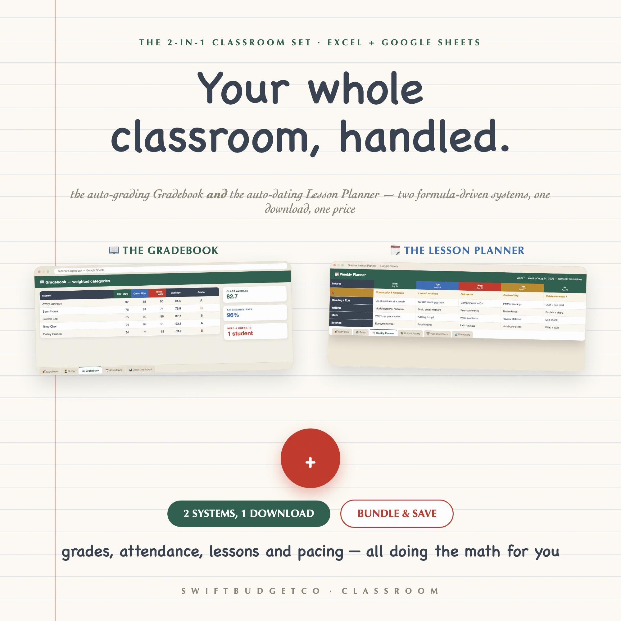 Teacher Planner Bundle | Gradebook, Lesson Planner (Google Sheets, Excel)