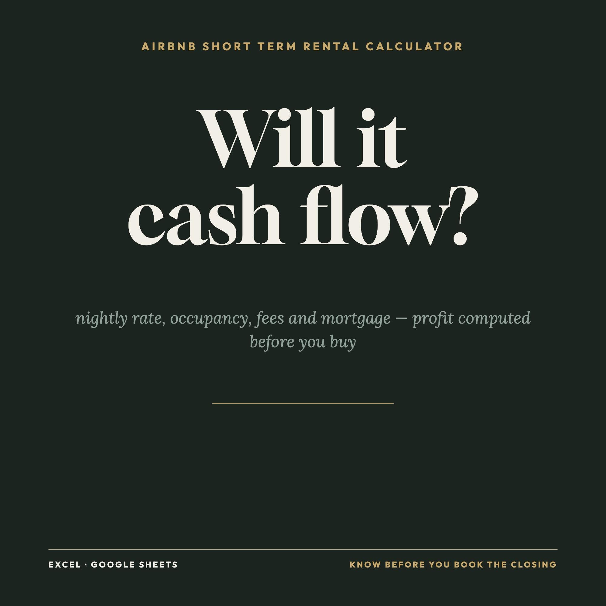 Airbnb Calculator Spreadsheet | Short Term Rental Cash Flow, Cap Rate & Occupancy Analyzer