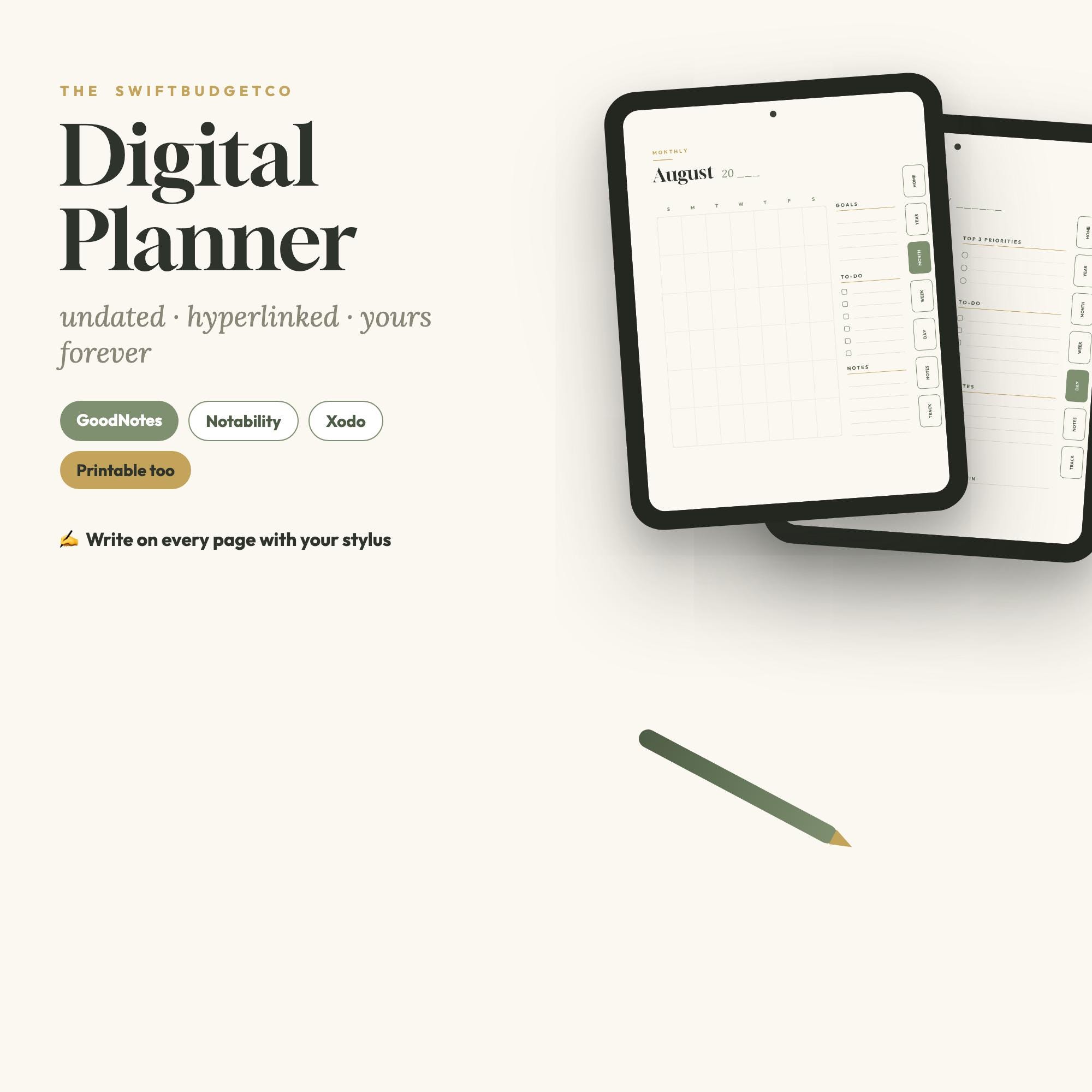 Undated Digital Planner | Hyperlinked Monthly, Weekly, Daily Layouts (GoodNotes PDF)
