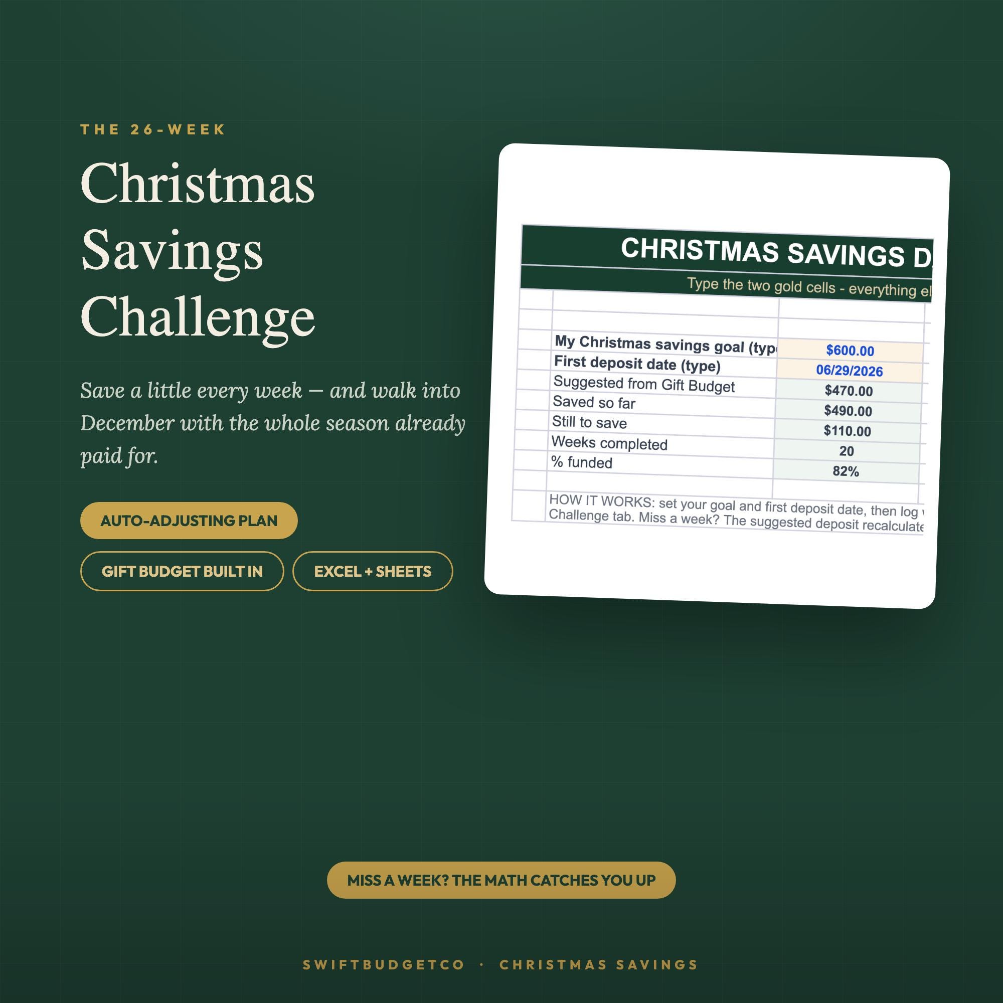 Christmas Savings Challenge Spreadsheet 2026 | Auto-Adjusting Holiday Money Plan & Gift Bu