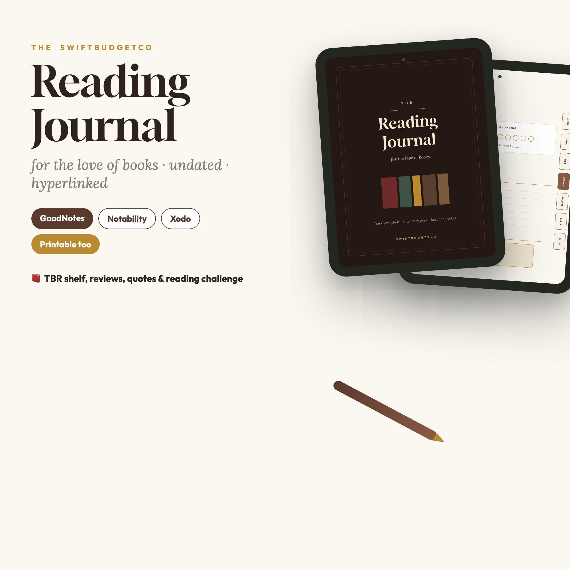 Dark Academia Reading Journal Digital | Hyperlinked Book Tracker, TBR Shelf & Review Log, 