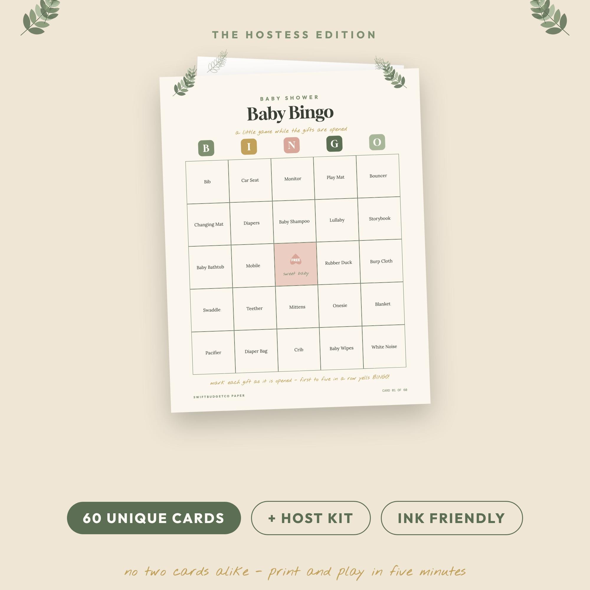 Baby Shower Bingo Game: 60 Unique Cards, Host Kit (Sage Neutral) (Digital Download)