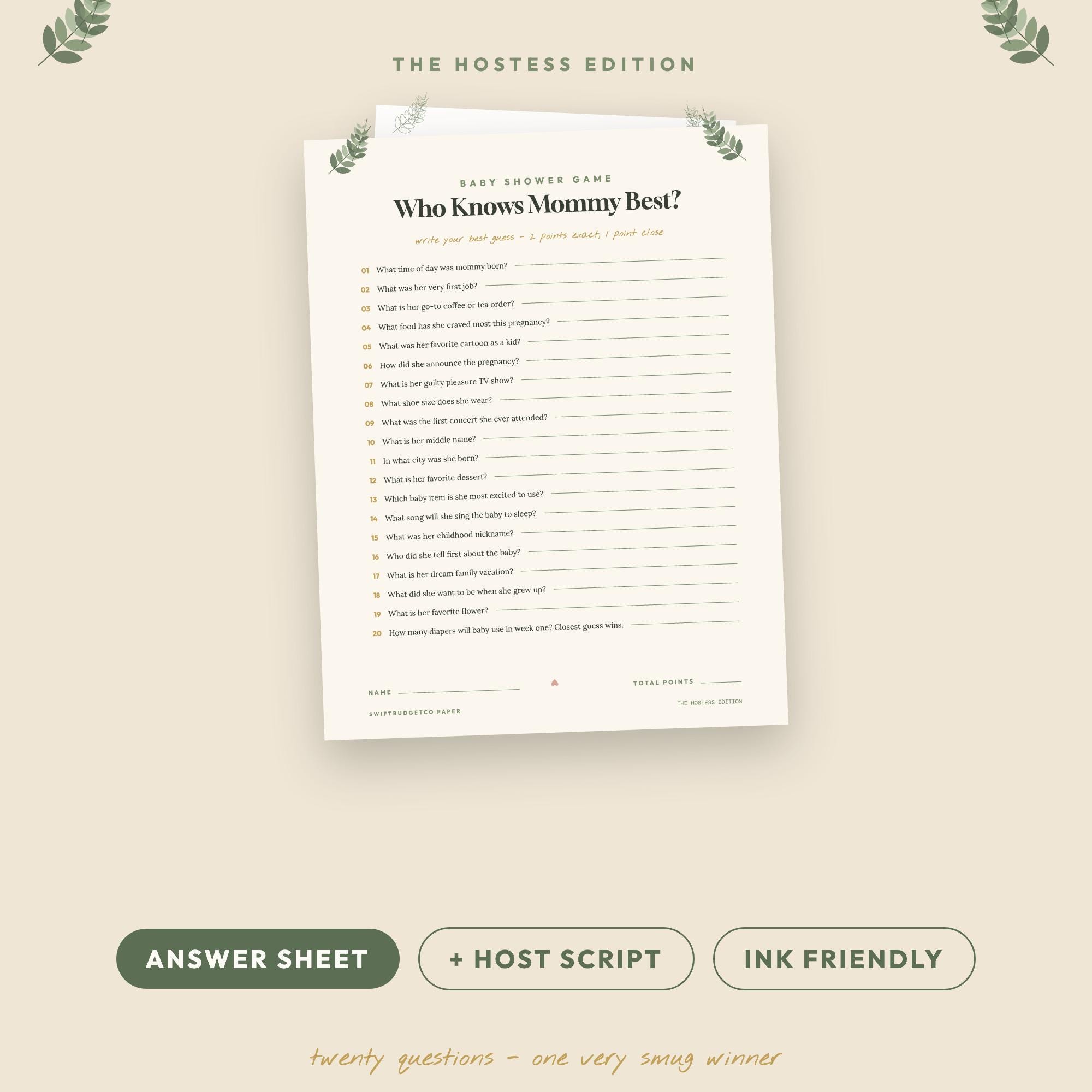 Who Knows Mommy Best Baby Shower Game | Printable Quiz with Answer Key & Host Script | Sag
