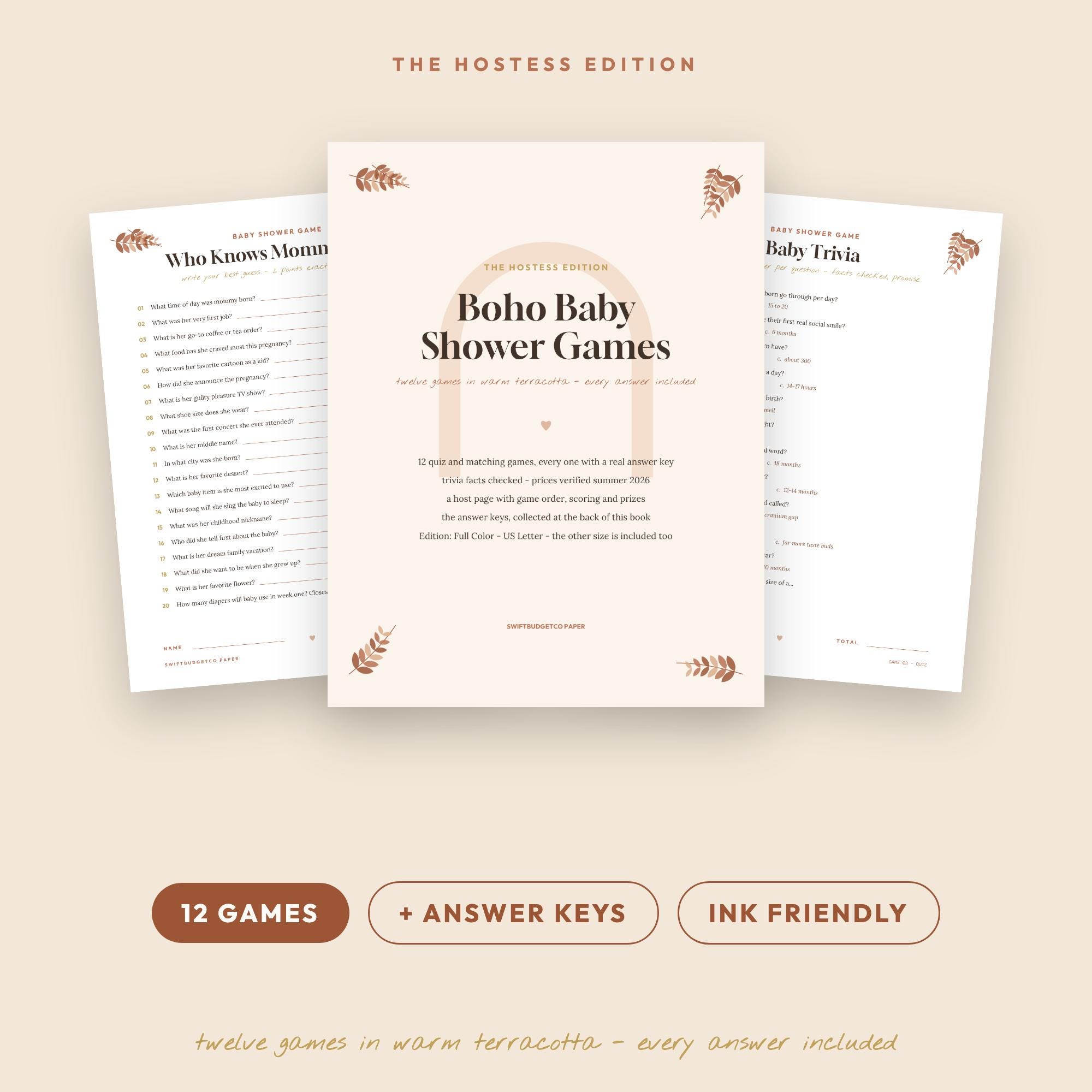 Boho Baby Shower Games Bundle: 12 Printable Games with Answer Keys (Instant Download)