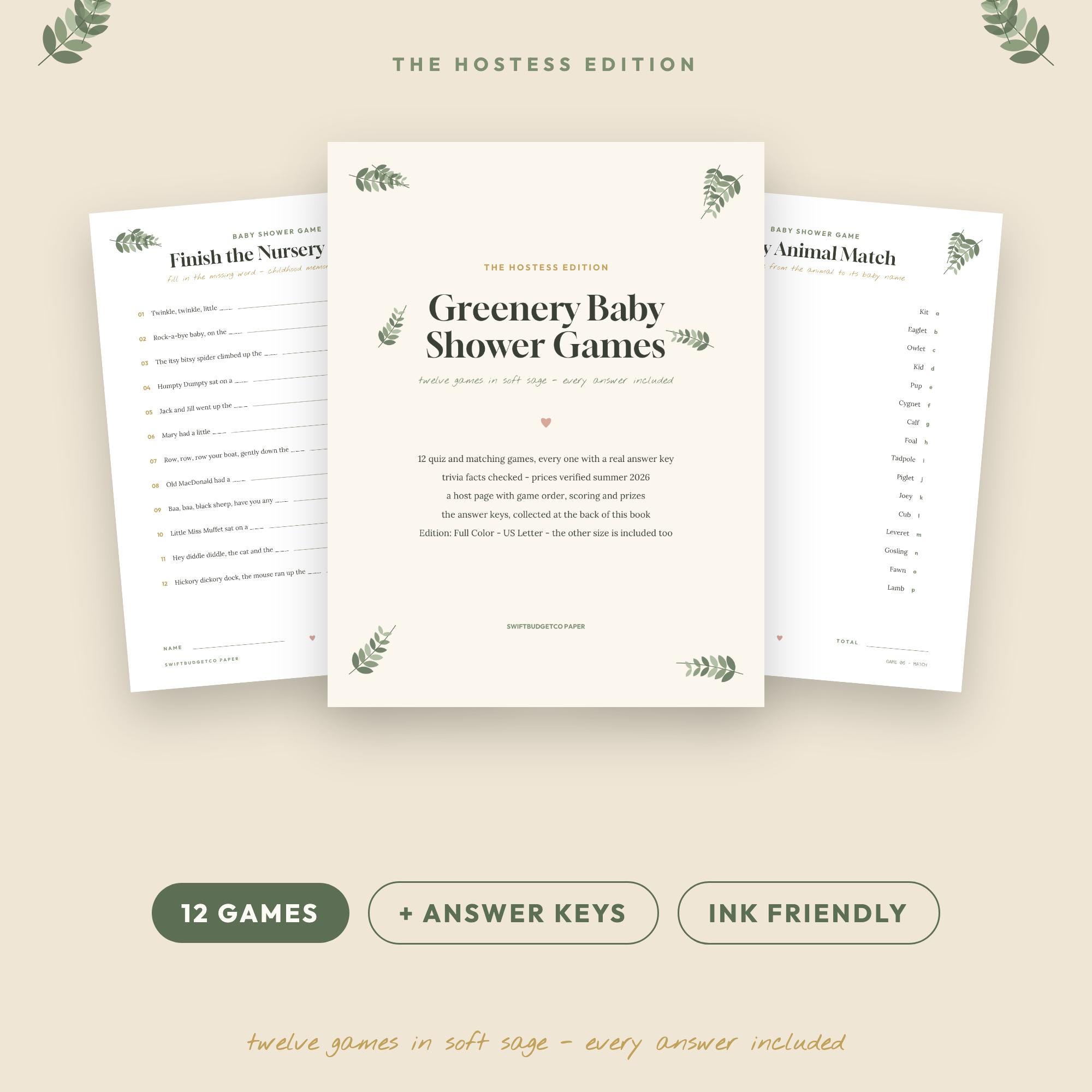 Greenery Baby Shower Games | 12 Sage Eucalyptus Printable Games with Answer Keys | Gender 