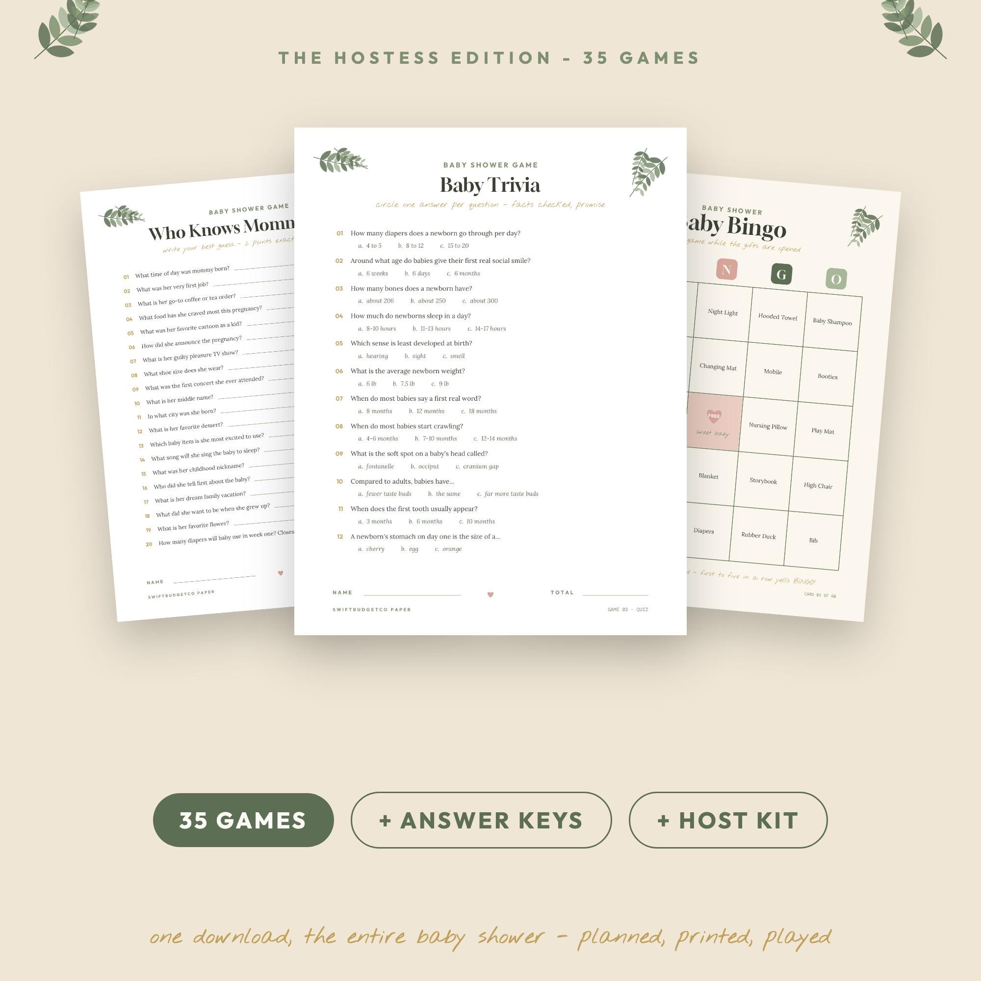 Sage Greenery Baby Shower Games Bundle | 35 Printable PDF Games, Answer Keys & Host Kit | 