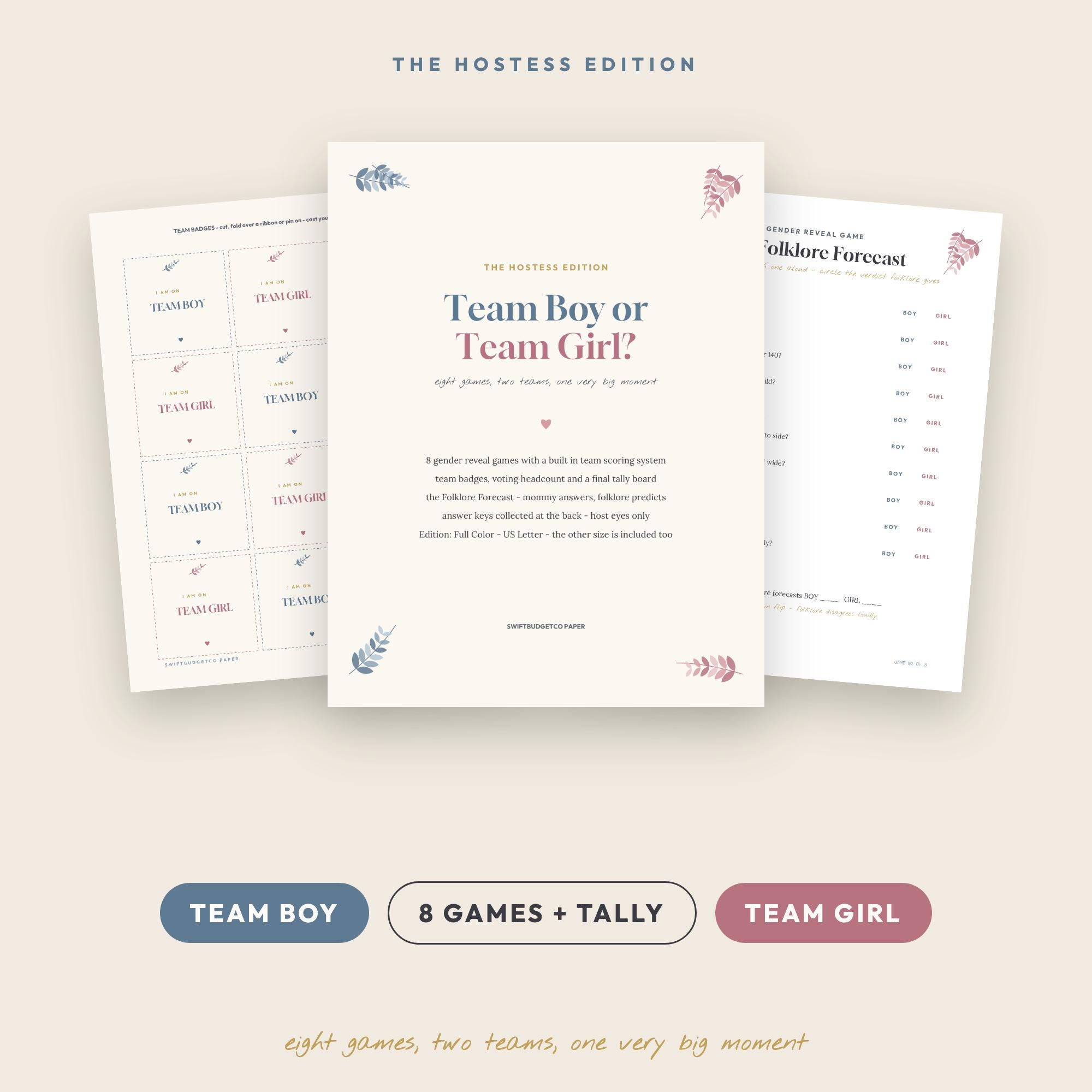 Team Boy or Team Girl Gender Reveal Games | 8 Printable Party Games with Score Tally & Vot