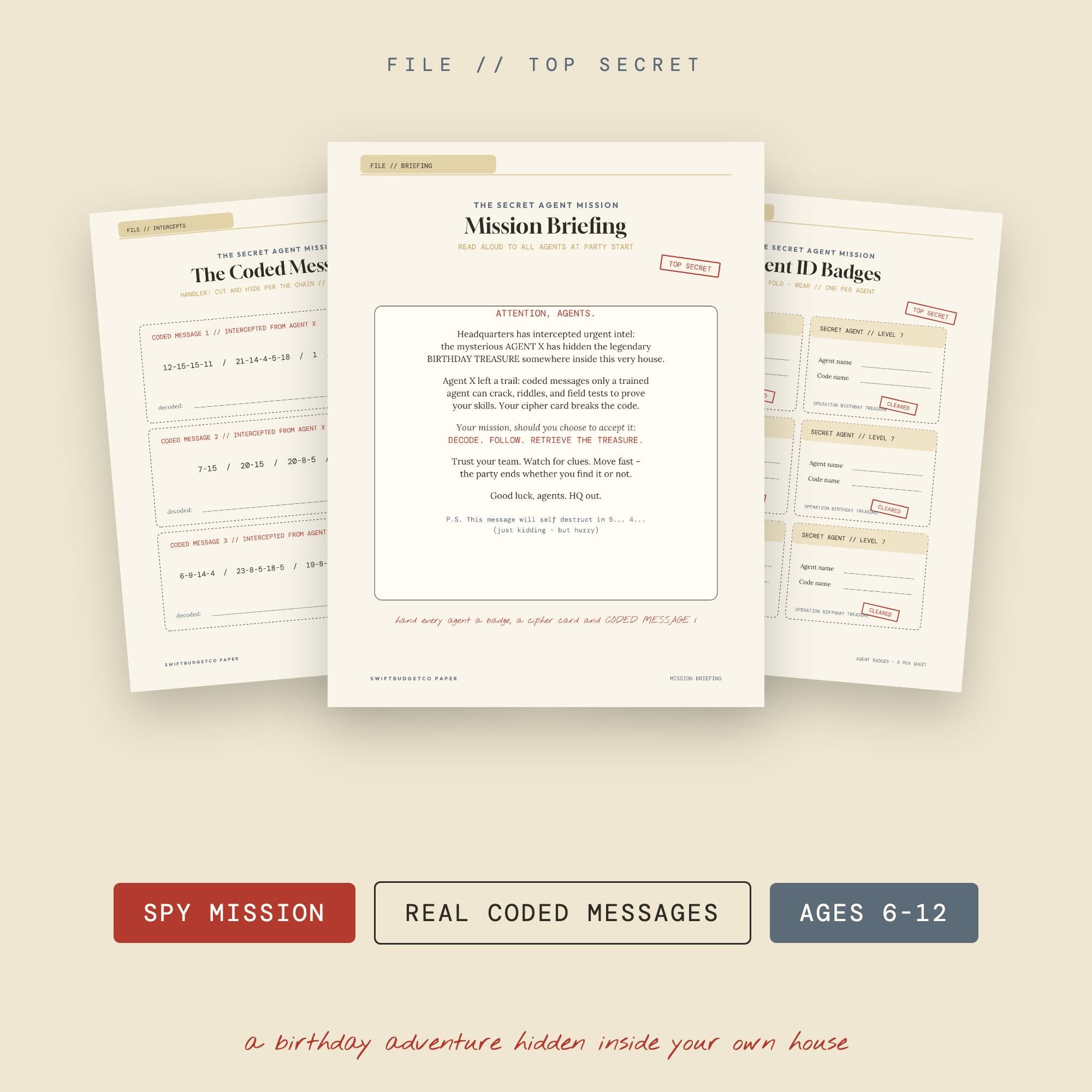 Secret Agent Birthday Treasure Hunt: Coded Messages, Riddles (Ages 6-12)