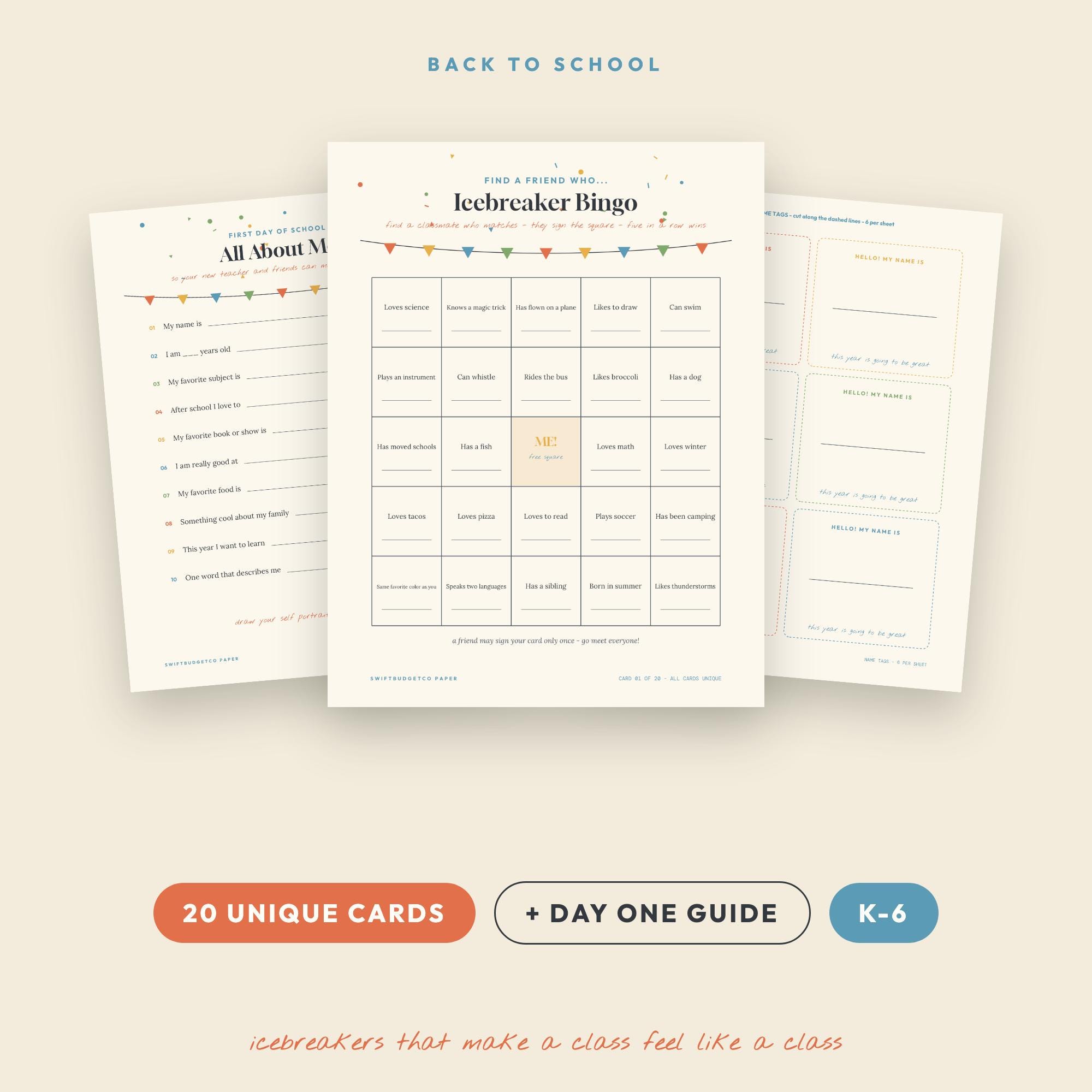 Back to School Icebreaker Bingo: 20 Unique Cards, All About Me, Name Tags (PDF)