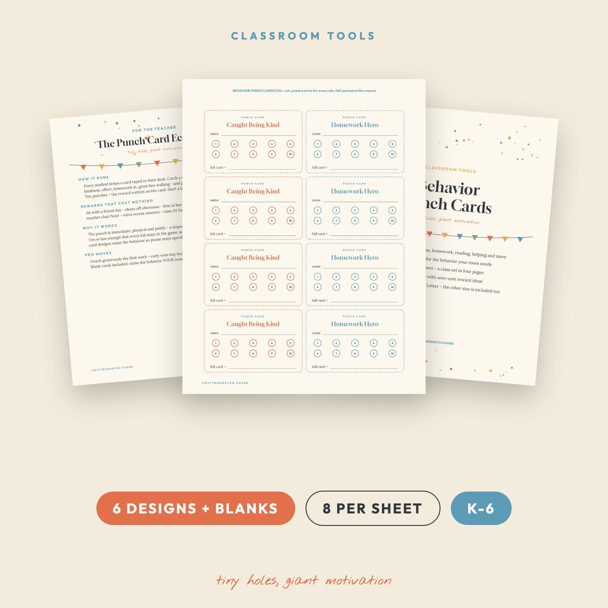 Behavior Punch Cards Printable: 6 Designs, K-6 Incentive System (PDF Letter A4)